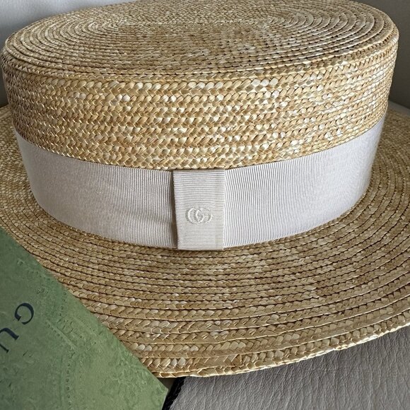 NEW GUCCI RAFFIA Wide-Brimmed Hat Straw White How GG Sz M Logo 100% Authentic - Picture 3 of 9